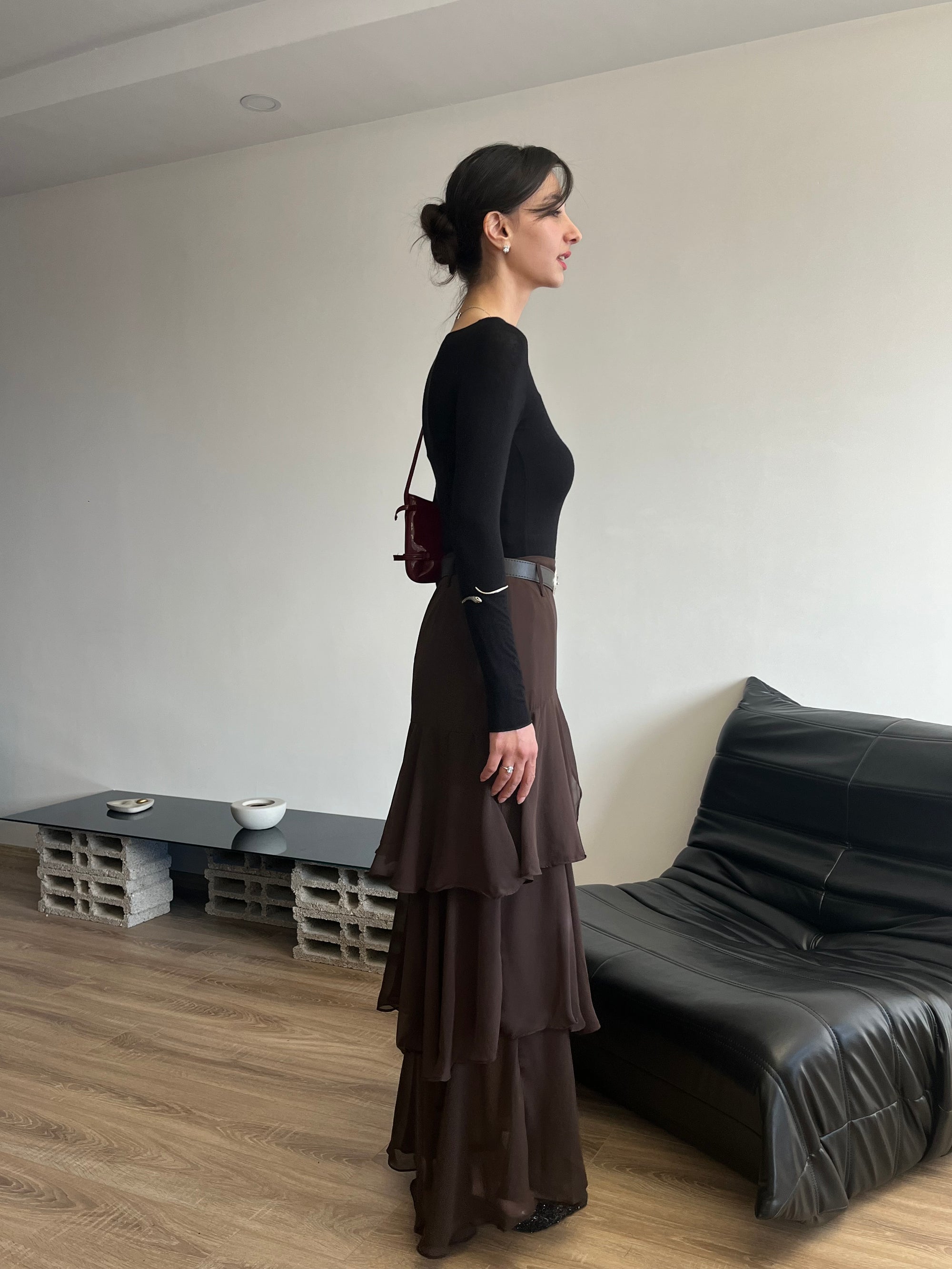 Fırfırlı Kemerli Şifon Etek (Kahverengi)