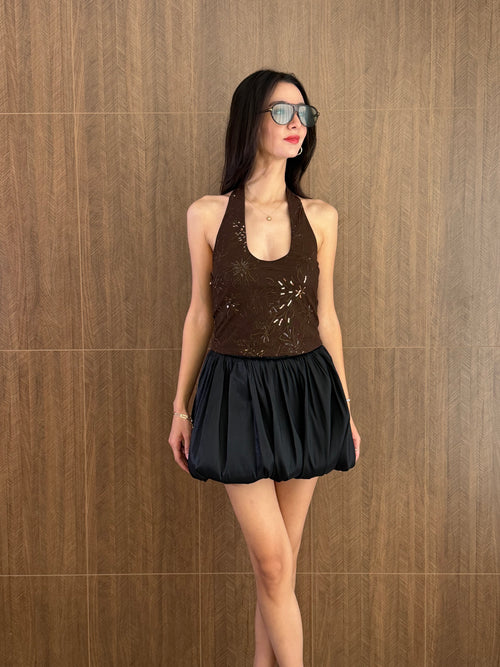 Halter Yaka Crop Bluz (Kahverengi)