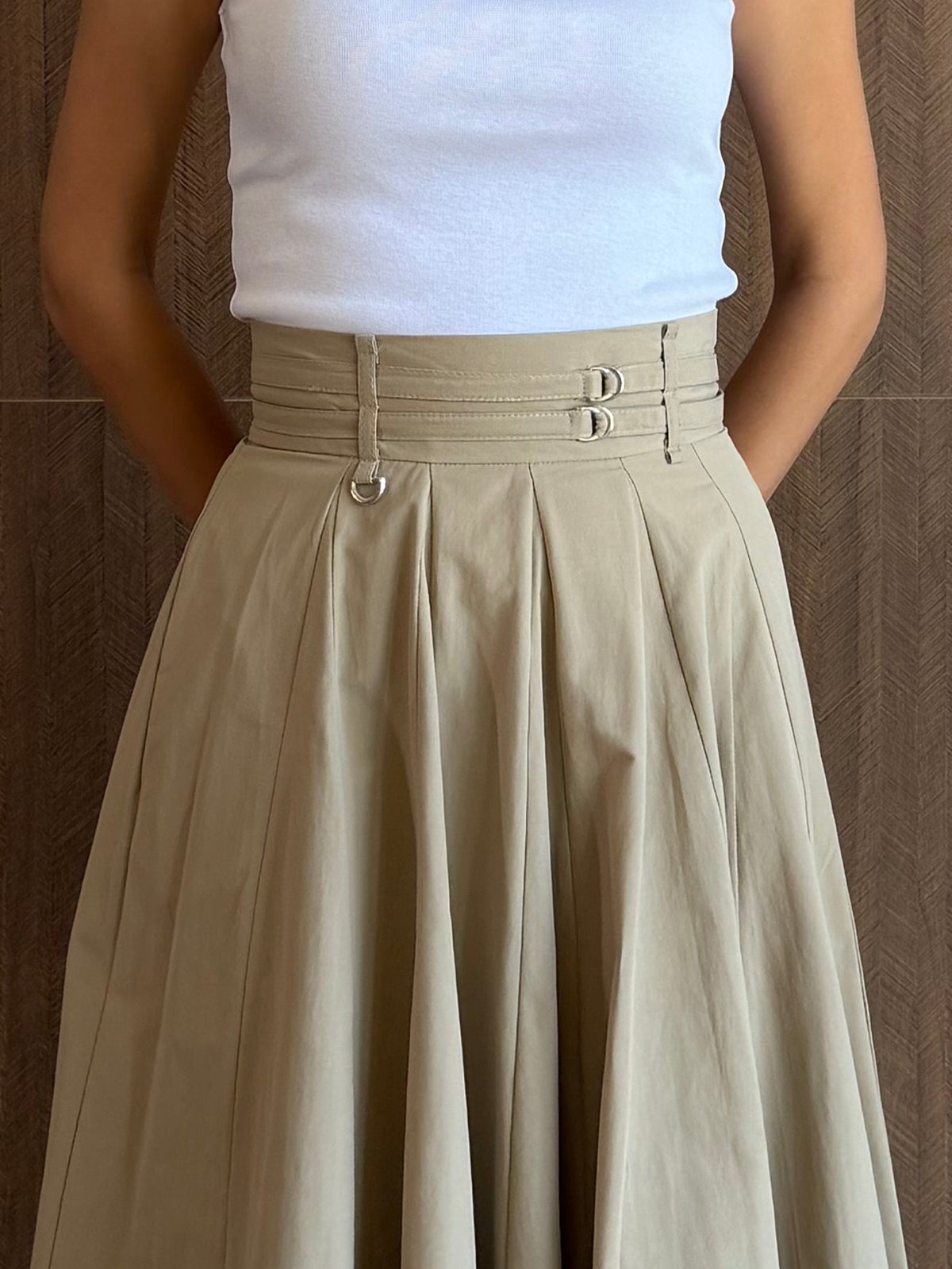 Çift Kemerli Gabardin Kumaş Etek (Taş Rengi)