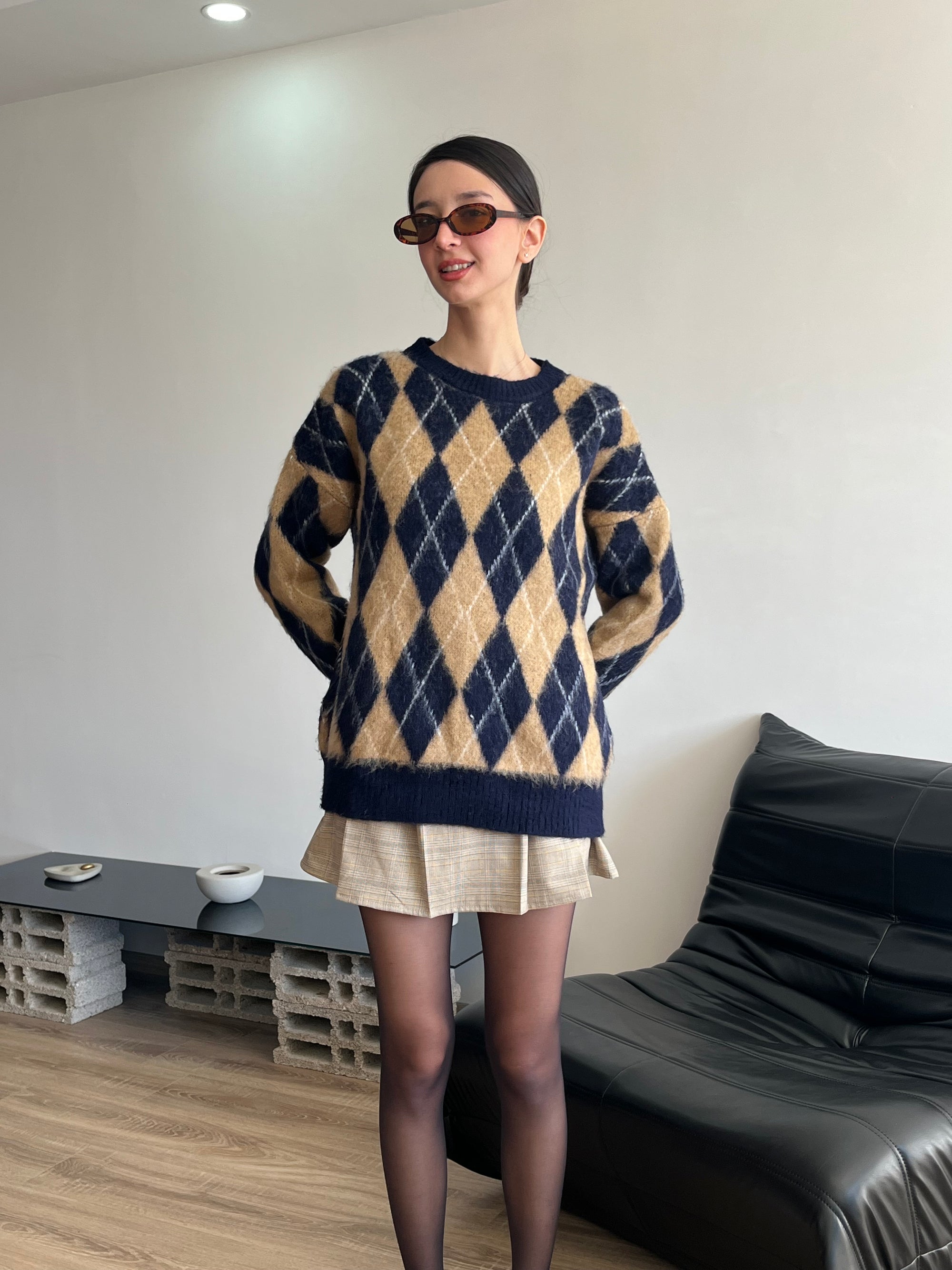 Baklava Desen Oversize Kazak (Lacivert)