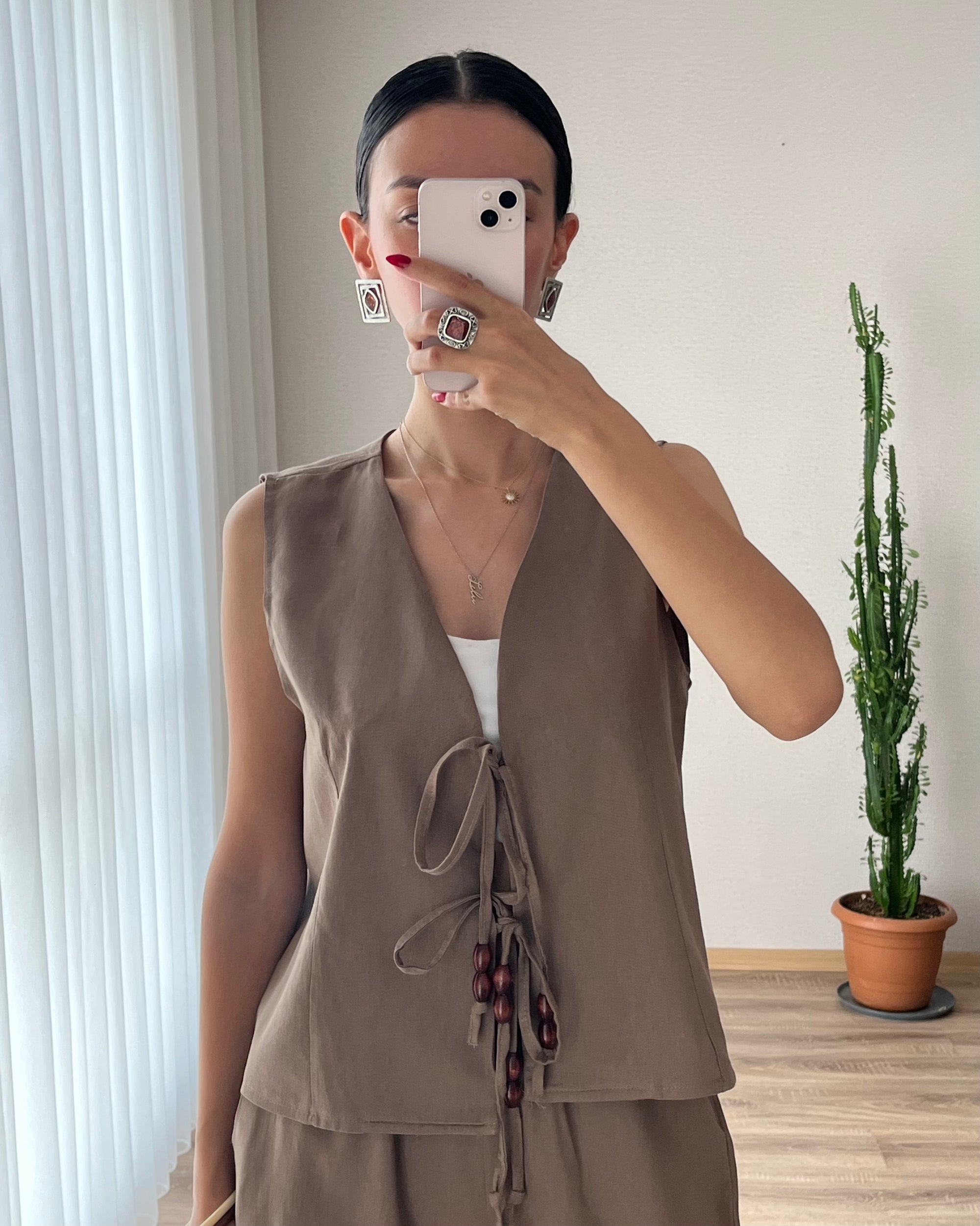 Keten Yelek Pantolon Takım (Kahverengi)