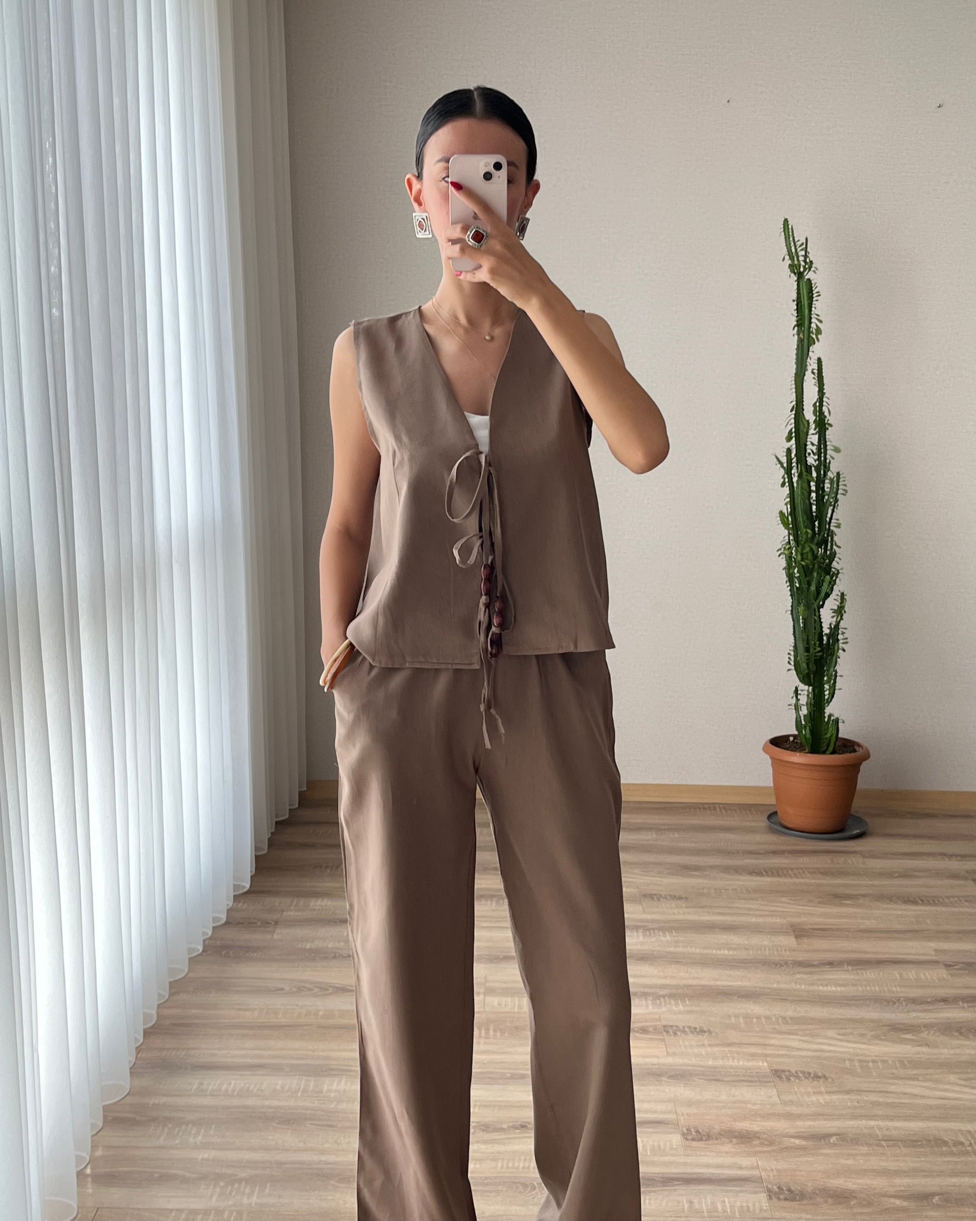 Keten Yelek Pantolon Takım (Kahverengi)