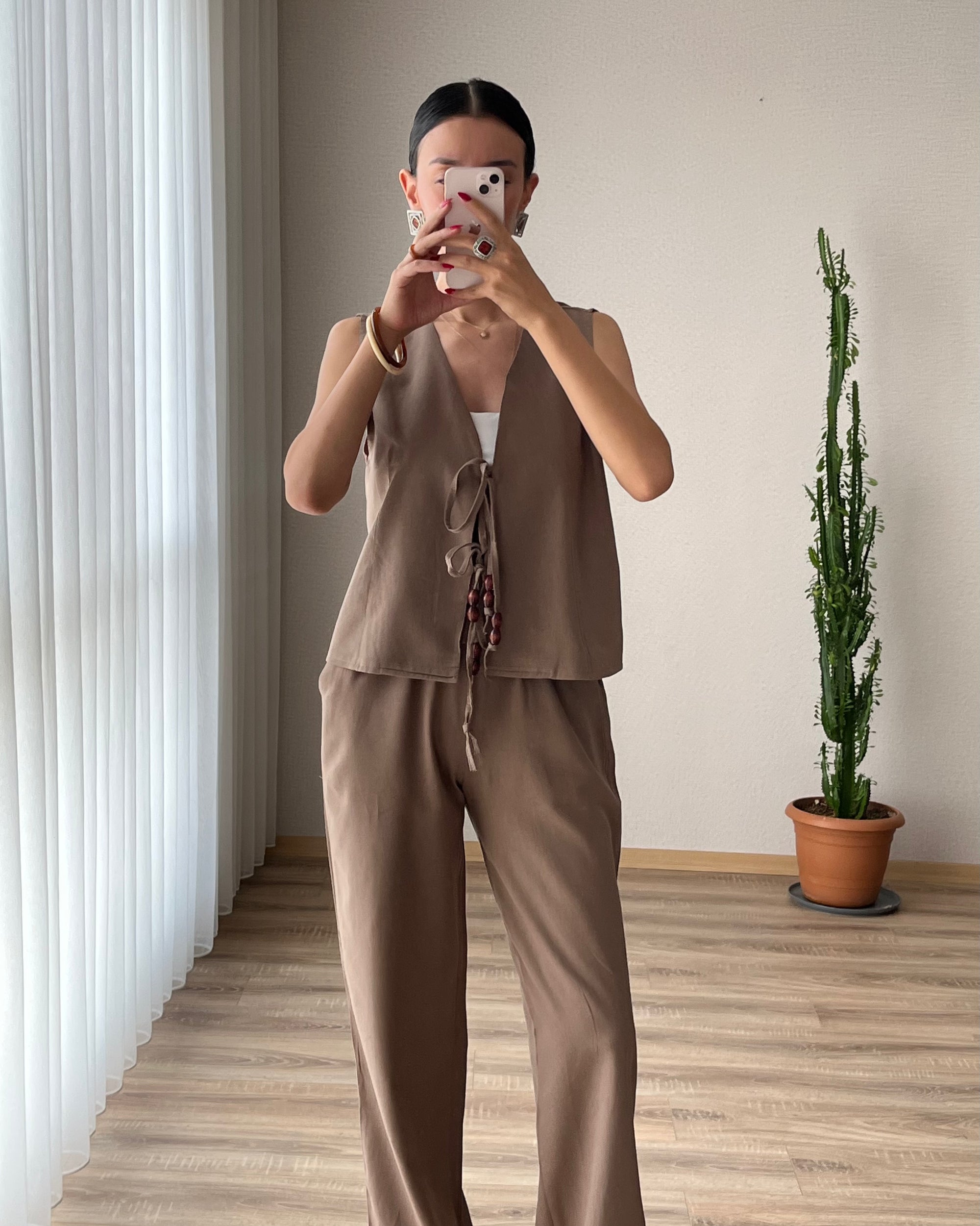 Keten Yelek Pantolon Takım (Kahverengi)