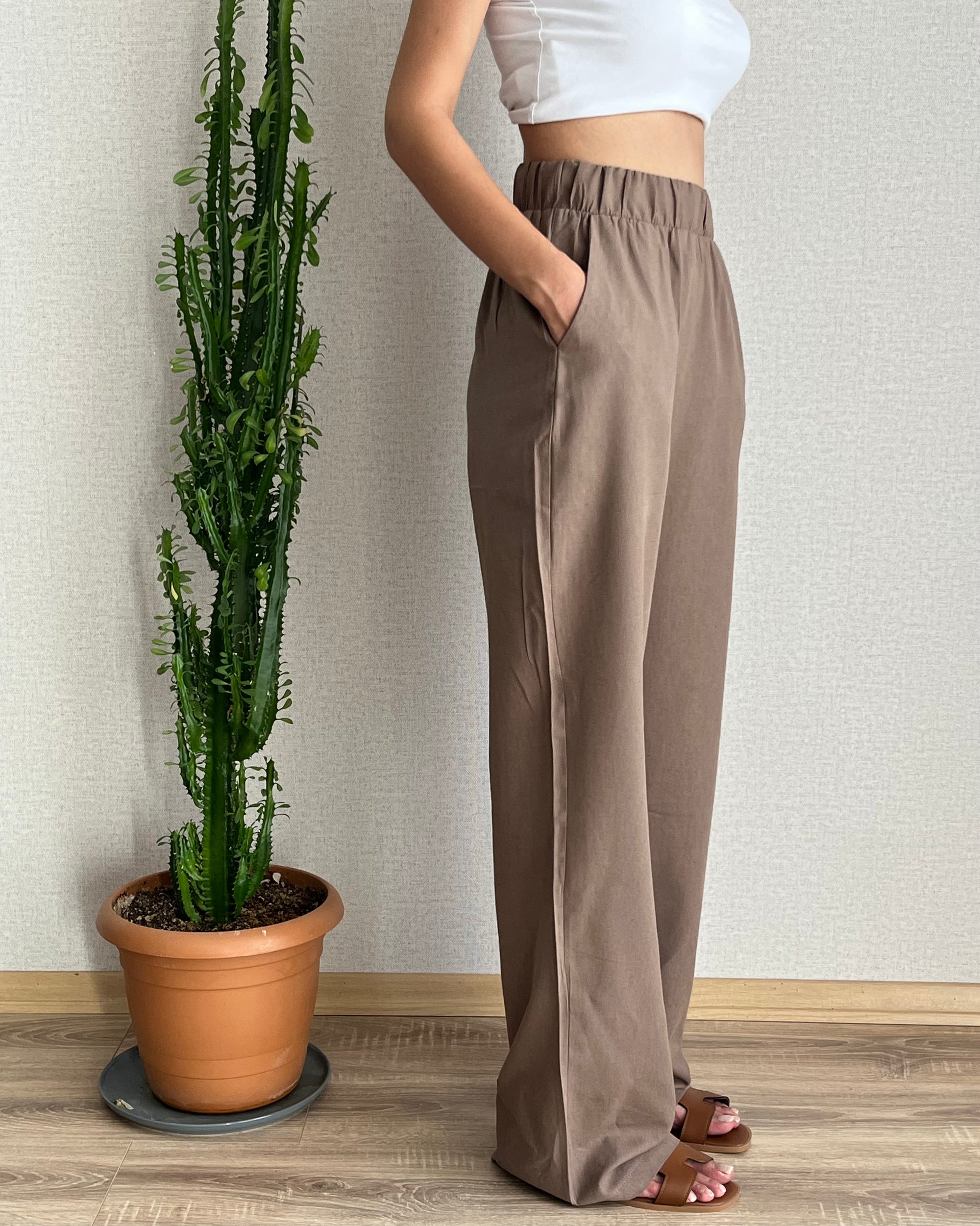 Keten Yelek Pantolon Takım (Kahverengi)