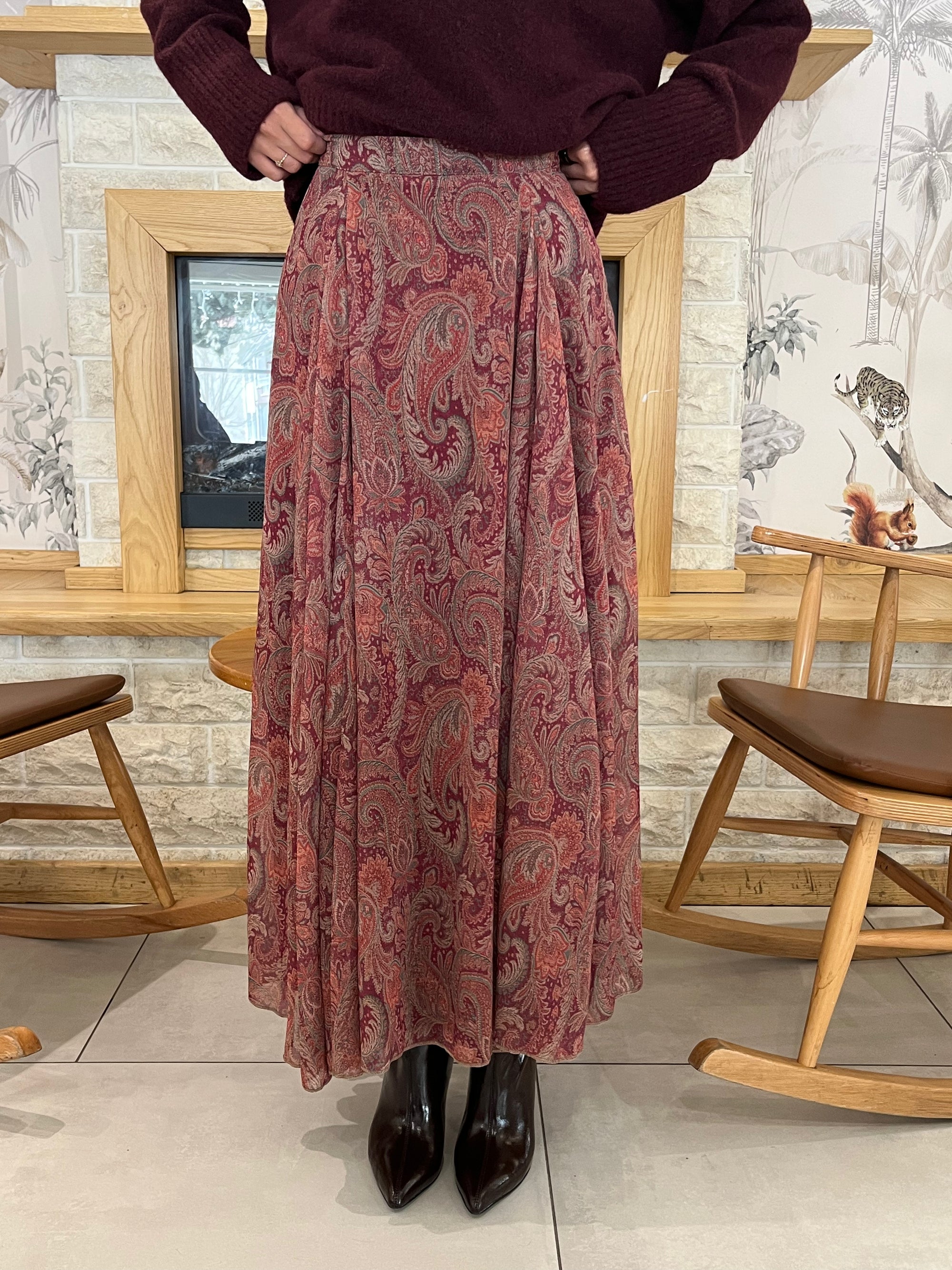 Etnik Desen Astarlı Şifon Etek (Bordo)