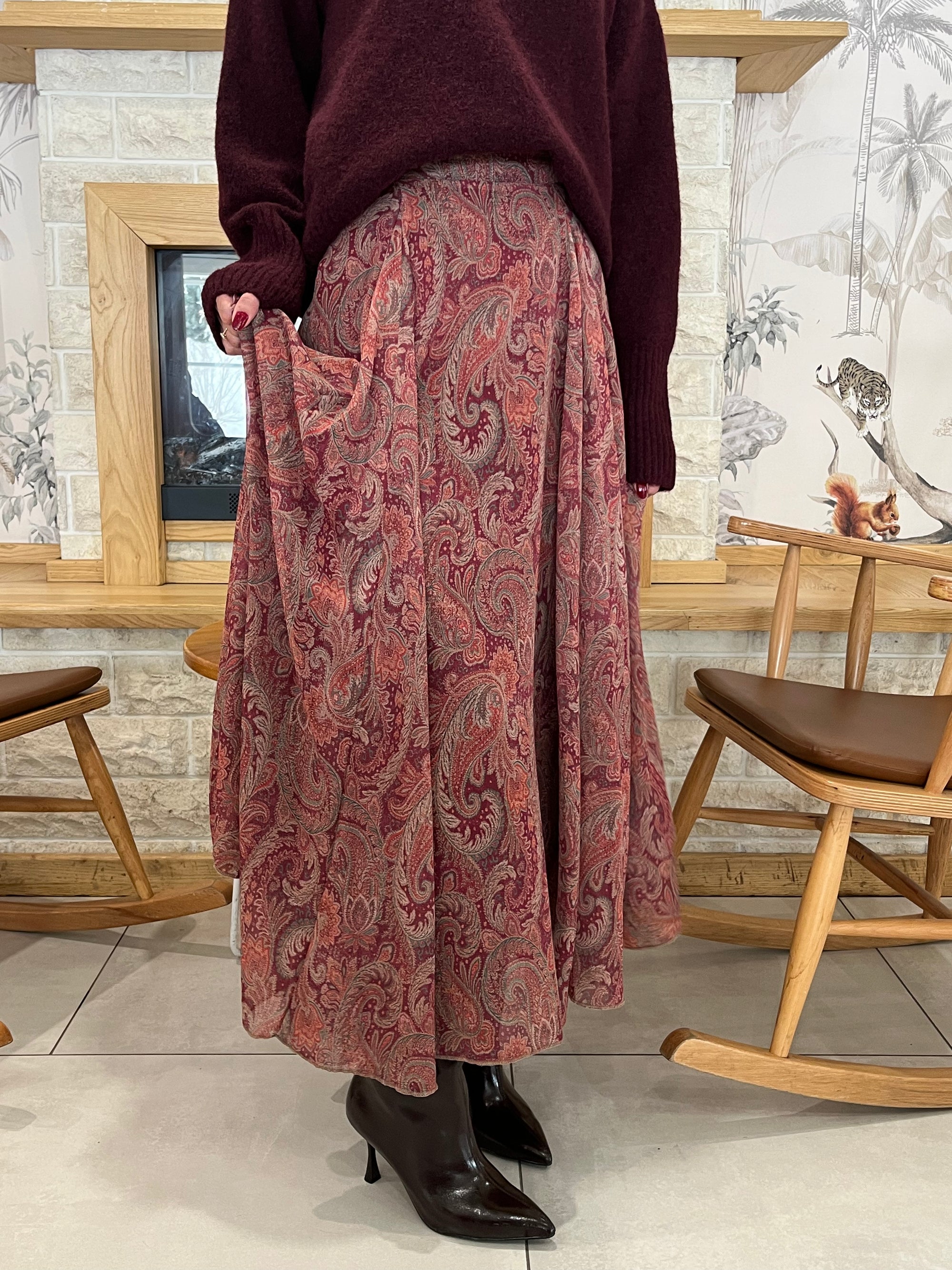 Etnik Desen Astarlı Şifon Etek (Bordo)