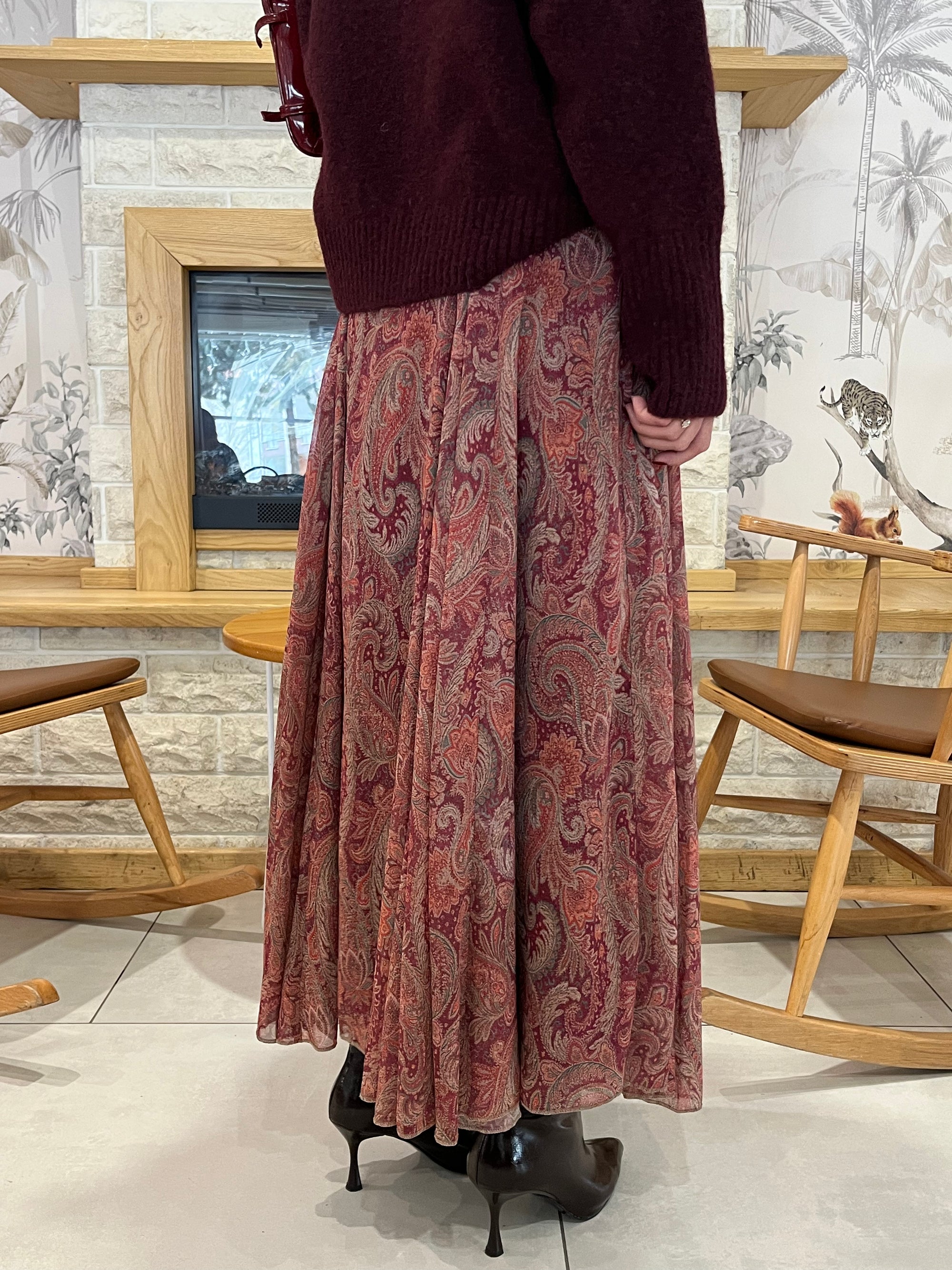 Etnik Desen Astarlı Şifon Etek (Bordo)