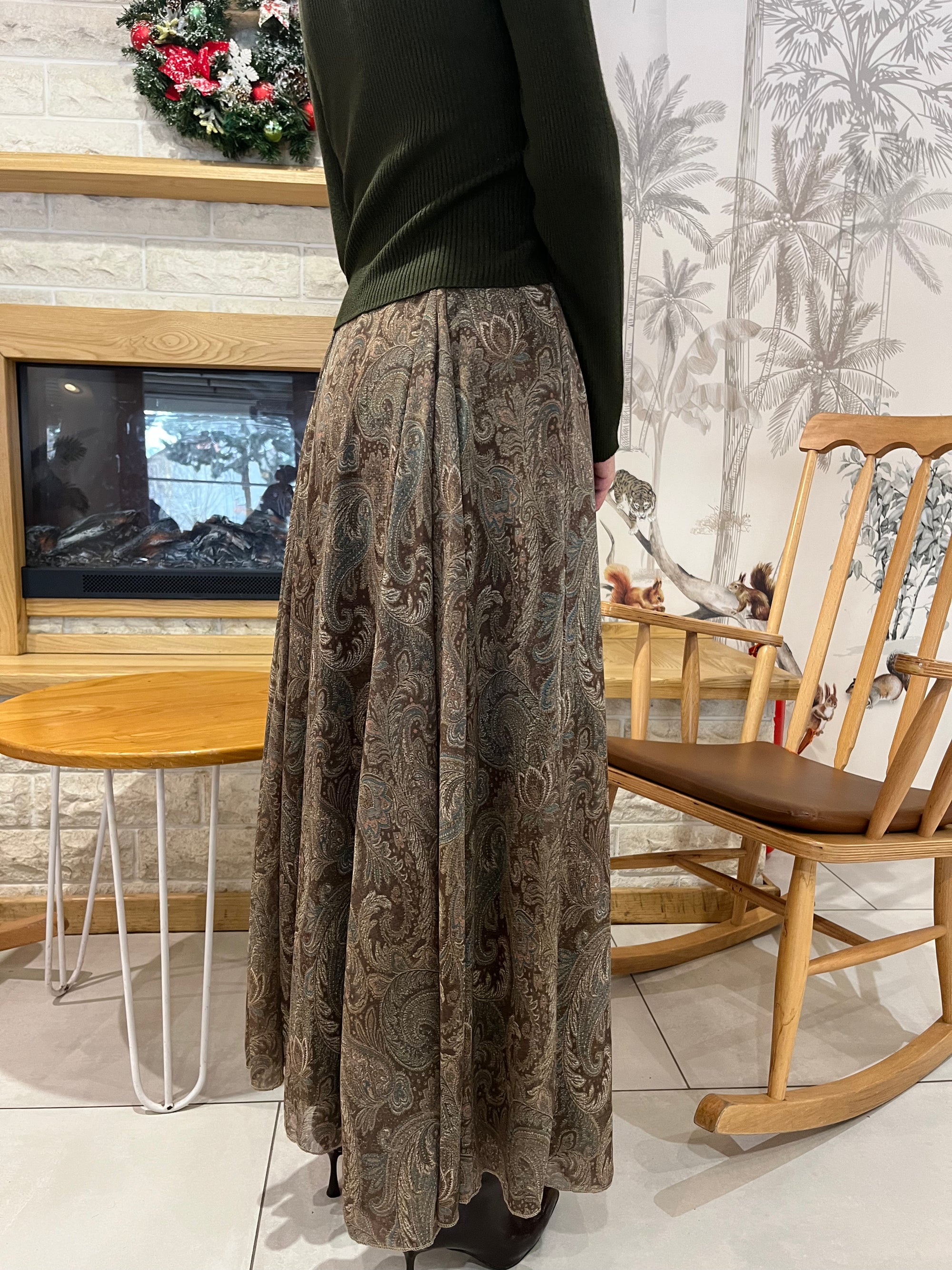 Etnik Desen Astarlı Şifon Etek (Yeşil)