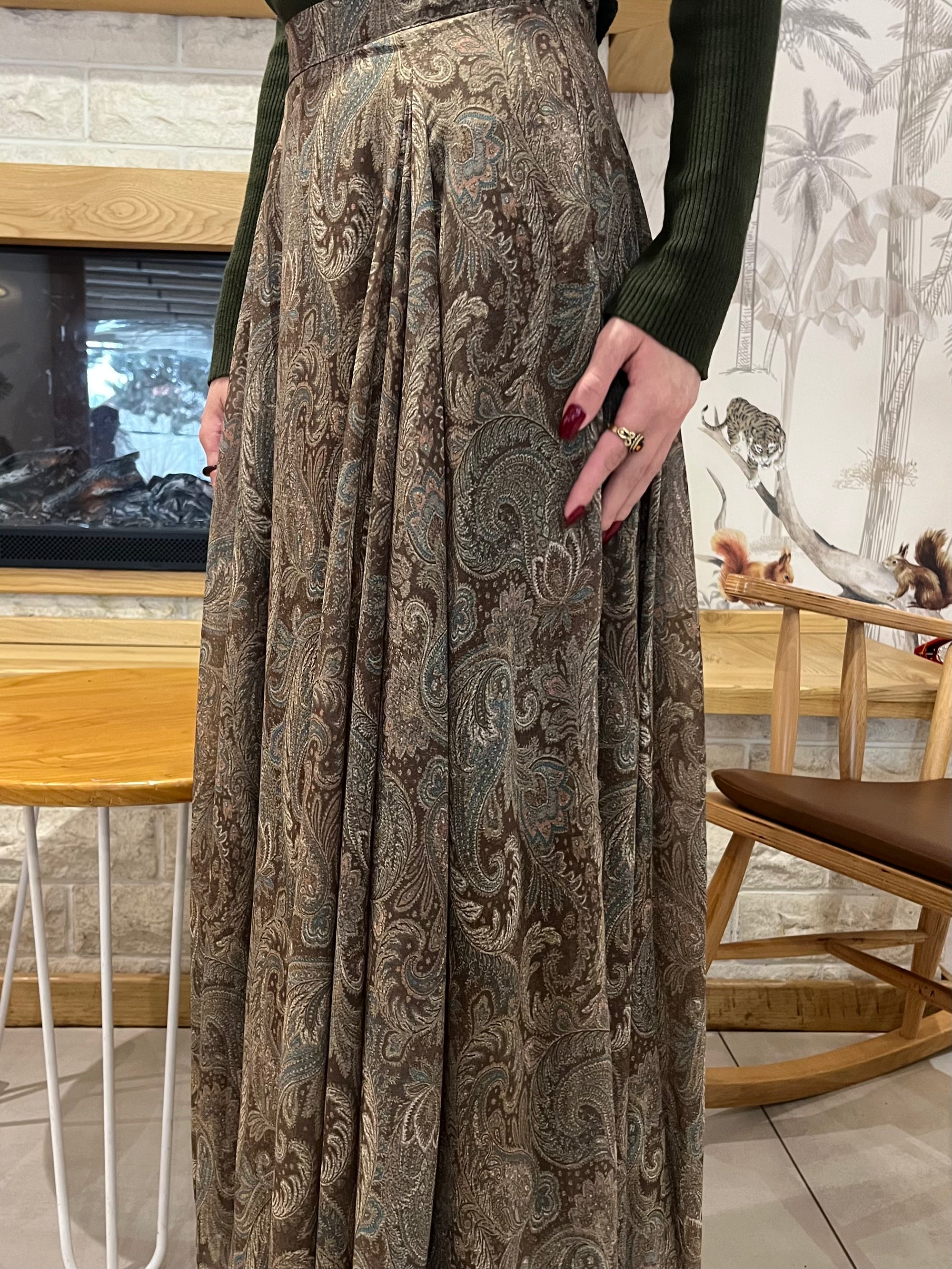 Etnik Desen Astarlı Şifon Etek (Yeşil)