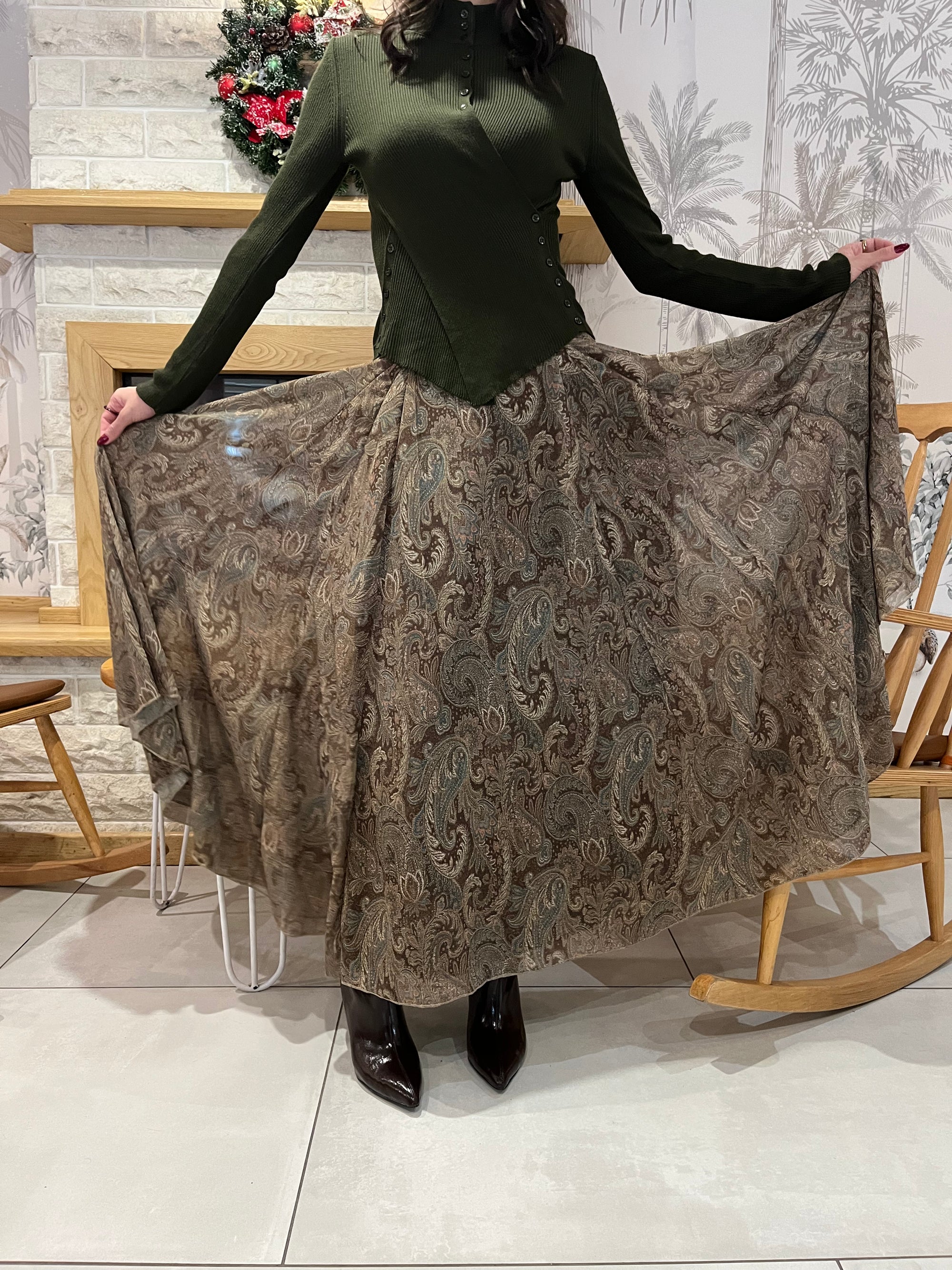 Etnik Desen Astarlı Şifon Etek (Yeşil)