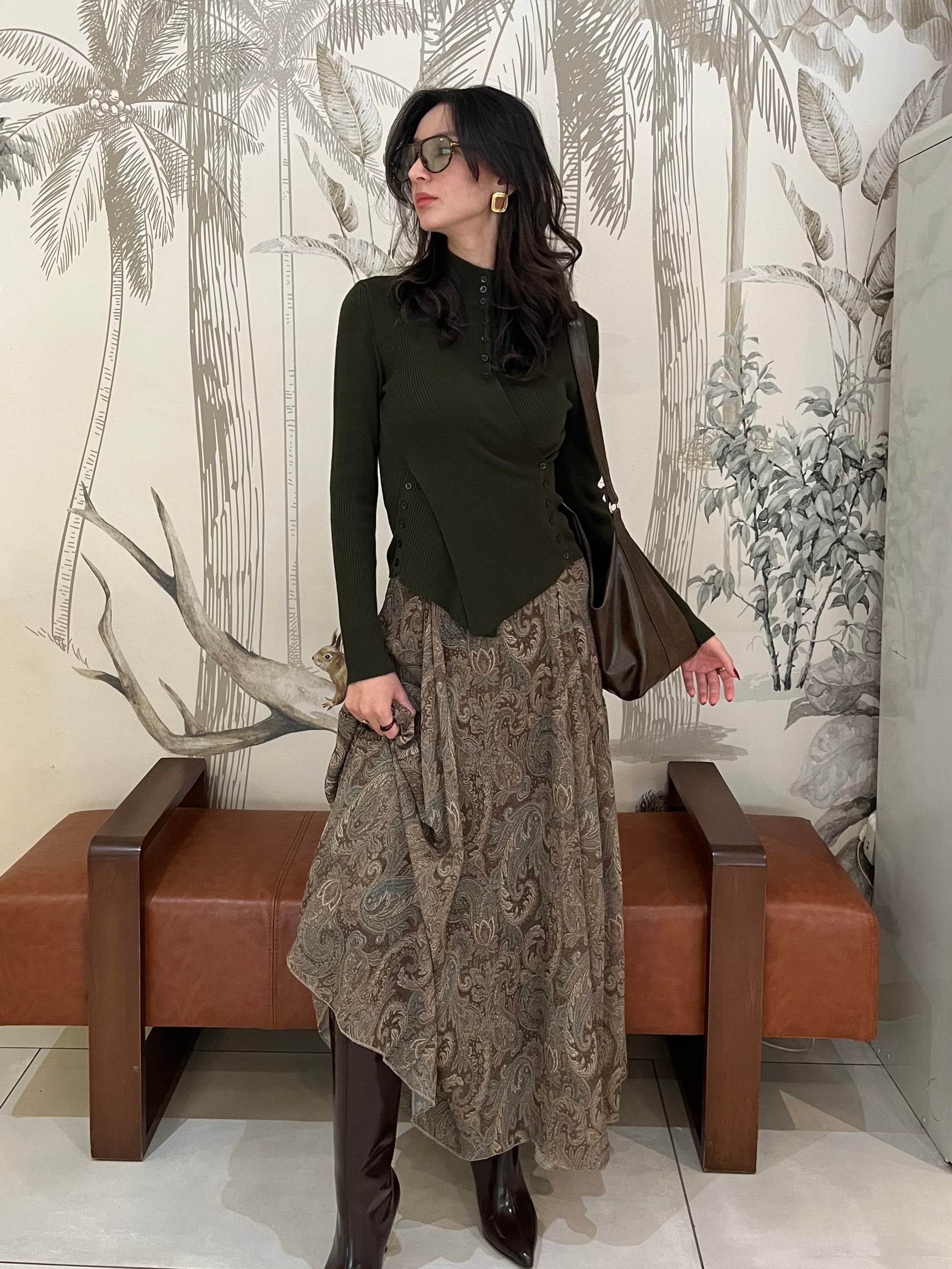 Etnik Desen Astarlı Şifon Etek (Yeşil)