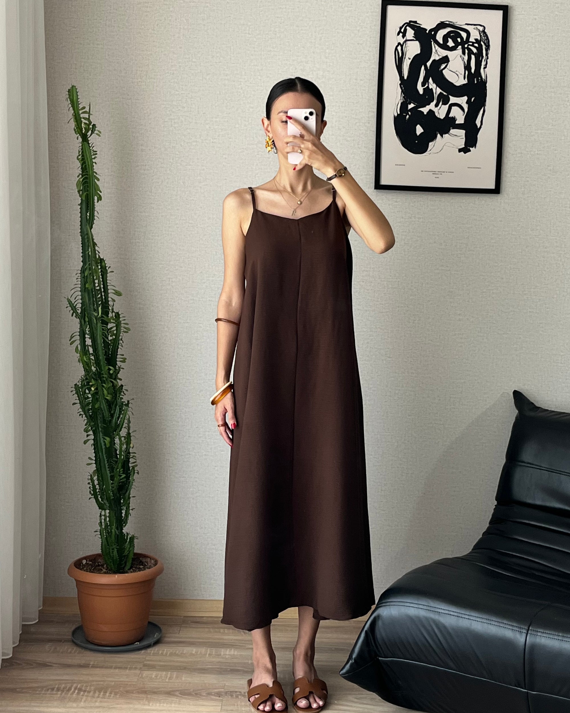 Askılı Salaş Elbise (Kahverengi)